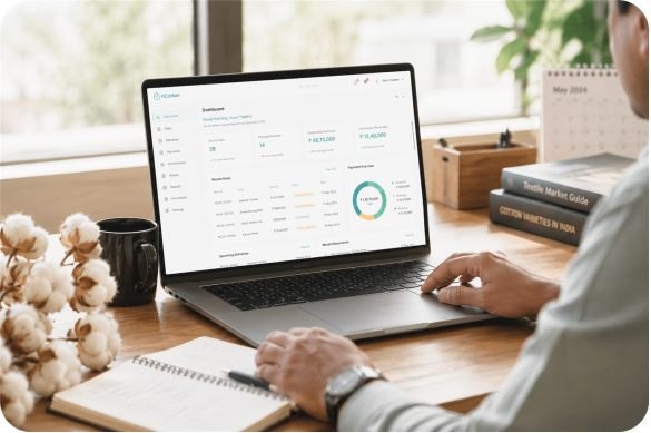 A cotton trader reviewing the nCotton dashboard at their desk